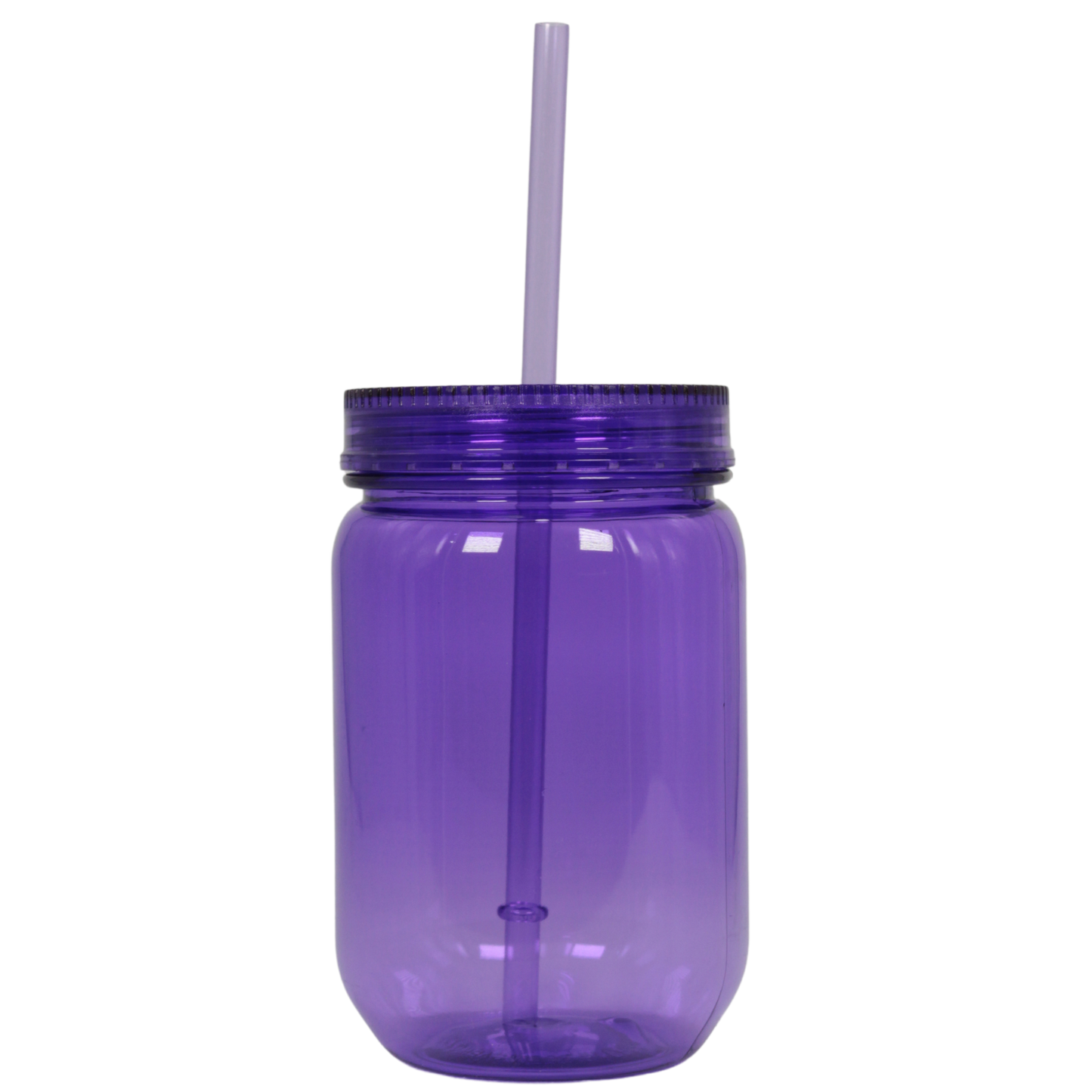 Translucent purple acrylic mason jar with matching lid and straw, 20oz capacity.