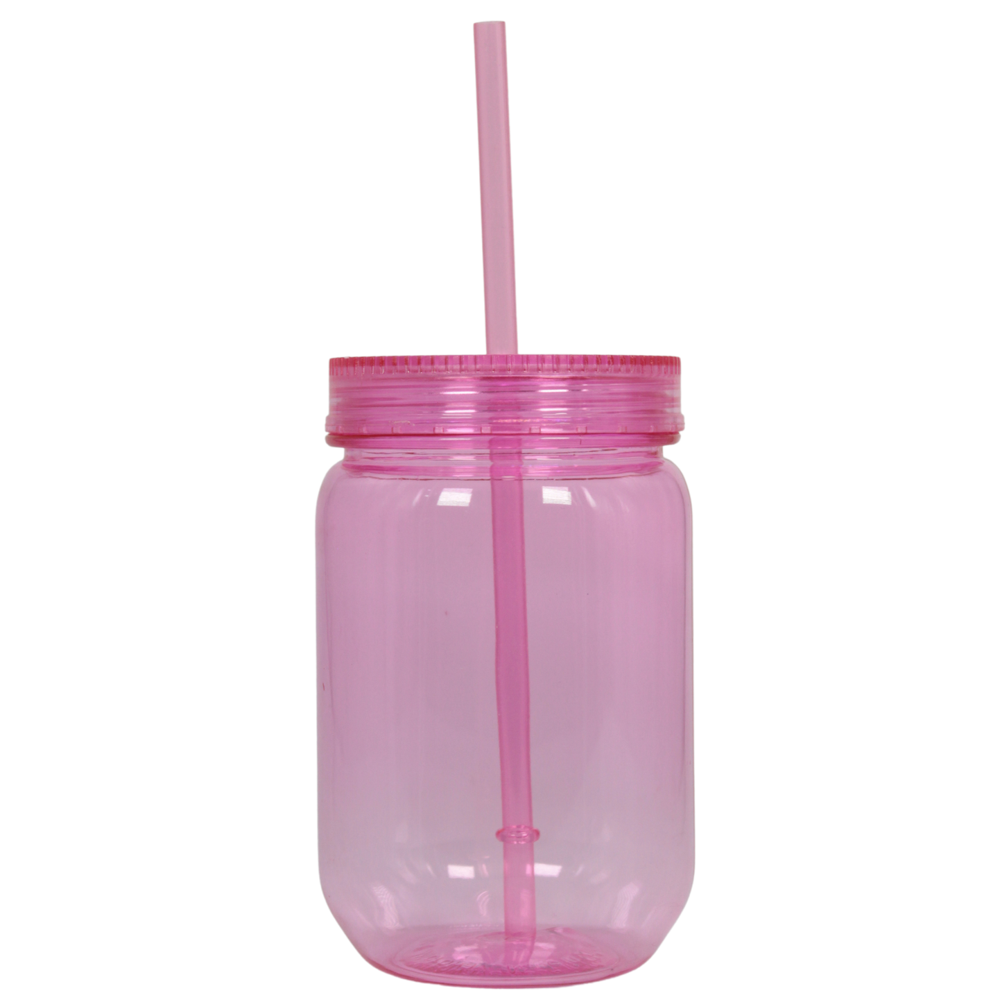 Translucent soft pink acrylic mason jar cup with matching lid and straw, 20oz capacity.