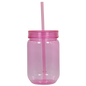 Translucent soft pink acrylic mason jar cup with matching lid and straw, 20oz capacity.