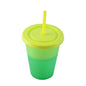Green and lime green plastic cup with yellow lid and straw, BPA-free, reusable design.
