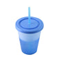 Blue translucent BPA-free plastic cup with matching lid and straw, 16oz capacity.