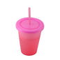 Pink translucent plastic cup with matching lid and reusable straw, 16oz capacity.