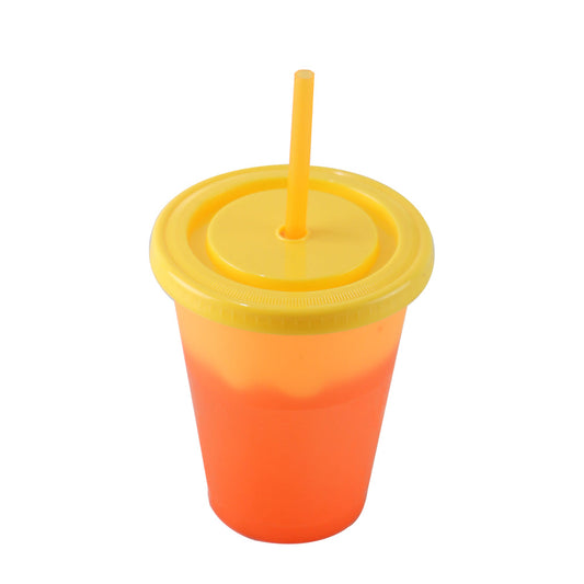 Yellow and orange bicolor reusable plastic cup with lid and straw, 16oz BPA-free.