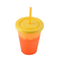 Yellow and orange bicolor reusable plastic cup with lid and straw, 16oz BPA-free.
