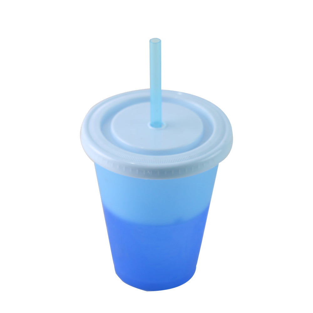 Blue translucent plastic cup with matching lid and straw, reusable and BPA-free.