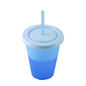 Blue translucent plastic cup with matching lid and straw, reusable and BPA-free.