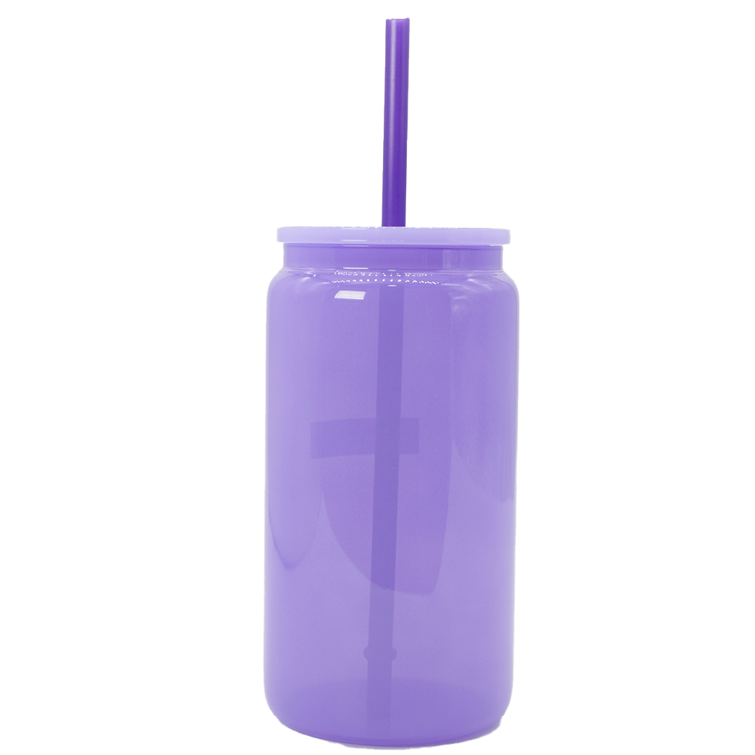 Transparent lilac glass tumbler with matching lid and rigid straw.