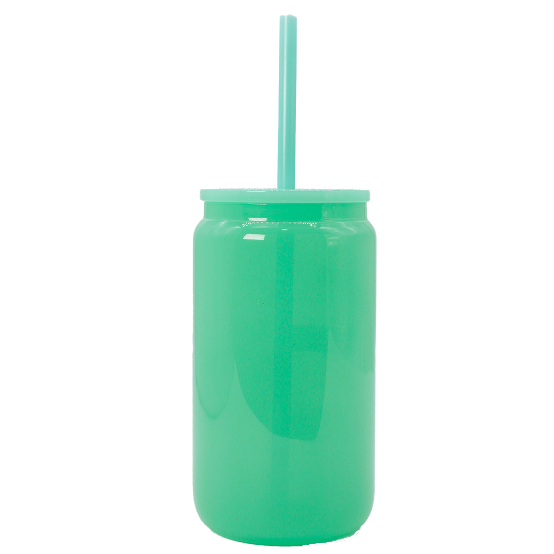 Translucent mint green crystal tumbler shaped like a can with matching rigid straw.
