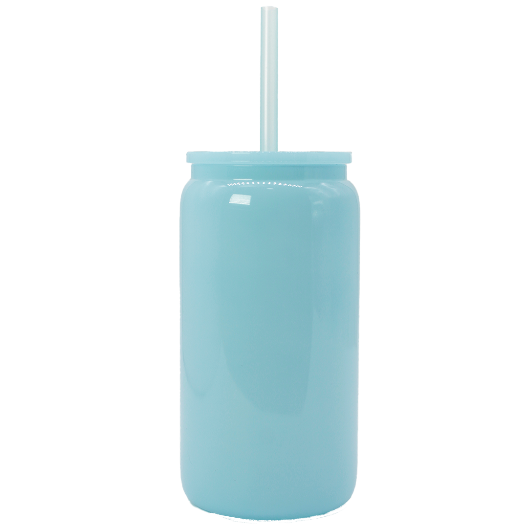 Light blue premium 550ml glass tumbler with rigid matching straw and screw-on lid.