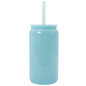 Light blue premium 550ml glass tumbler with rigid matching straw and screw-on lid.