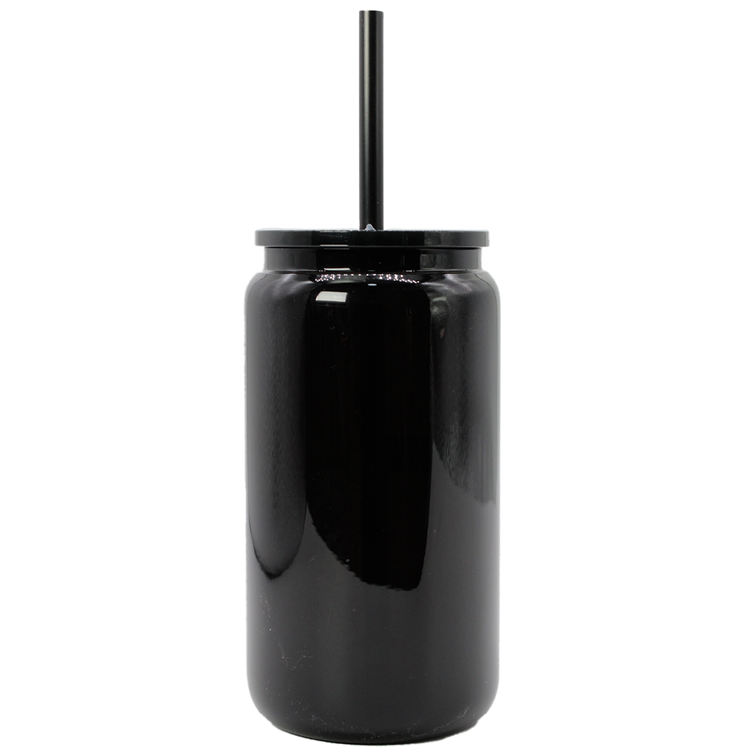 Black glossy glass tumbler shaped like a soda can with matching rigid black straw and lid.