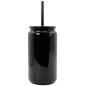 Black glossy glass tumbler shaped like a soda can with matching rigid black straw and lid.