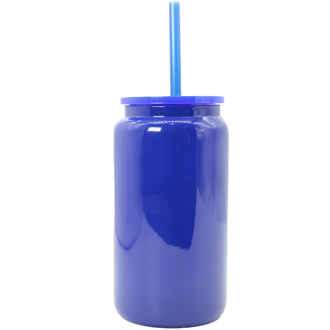 Royal blue premium glass tumbler with matching rigid straw and screw-on lid, 550ml capacity.