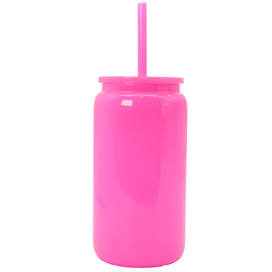Bright neon pink opaque plastic tumbler with matching lid and rigid straw, sleek and modern design.