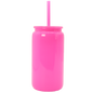 Bright neon pink opaque plastic tumbler with matching lid and rigid straw, sleek and modern design.