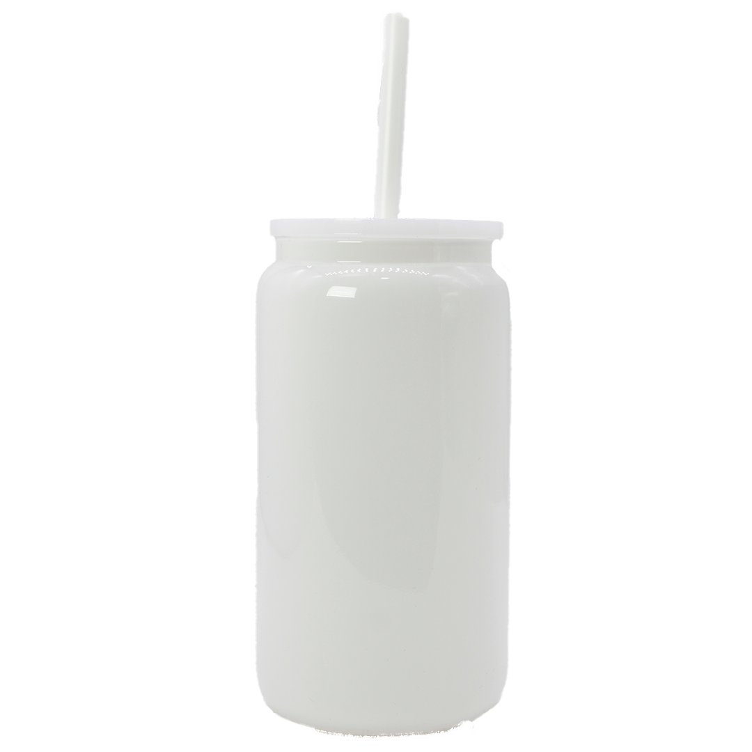 Opaque white premium glass tumbler shaped like a can with a matching lid and rigid white straw.
