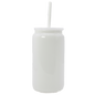 Opaque white premium glass tumbler shaped like a can with a matching lid and rigid white straw.