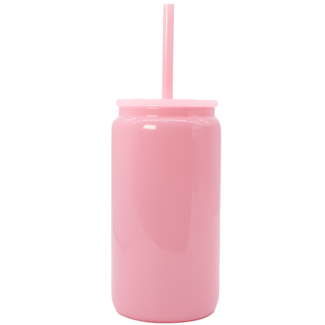 Opaque pastel pink crystal cup shaped like a soda can with matching lid and rigid straw.