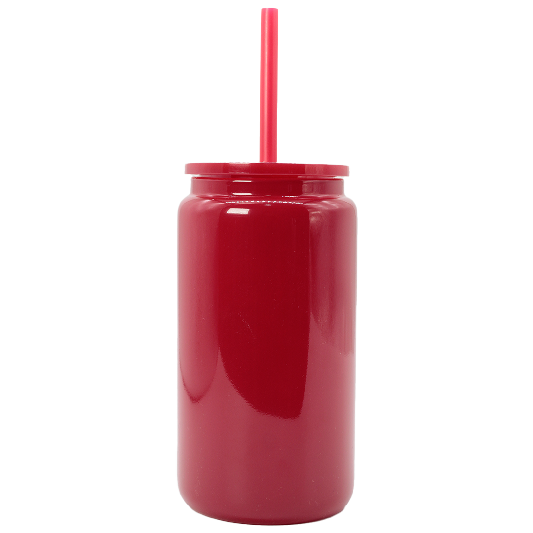 Red glossy crystal tumbler with matching rigid straw, sleek cylindrical design.