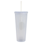 Clear acrylic tumbler with diamond-patterned double wall, light blue lid, and white straw.