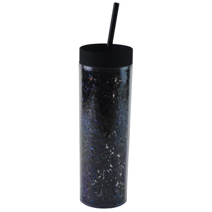 Tall black double-walled acrylic tumbler with glitter, reusable with black lid and straw.