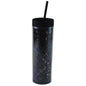 Tall black double-walled acrylic tumbler with glitter, reusable with black lid and straw.
