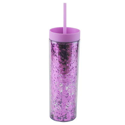 Tall reusable purple double-walled acrylic cup with pink glitter and matching lid and straw.