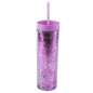 Tall reusable purple double-walled acrylic cup with pink glitter and matching lid and straw.