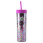 Tall reusable tumbler with double-wall glitter design, purple lid and matching straw.