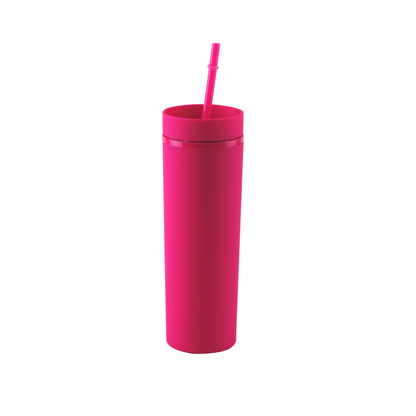 Bright pink reusable acrylic thermal tumbler with matching lid and straw, BPA free, 400ml capacity.