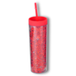 Red double-walled acrylic tumbler with red glitter, reusable straw, and thermal insulation.