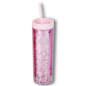 Tall reusable acrylic tumbler with double wall, pink glitter body, matching pink lid, and straight pink straw.