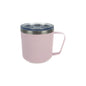 Light pink stainless steel thermal mug with clear lid and handle, double-walled design.