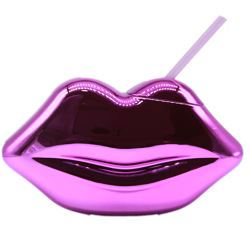 Shiny metallic pink lips-shaped tumbler with matching lid and straw.