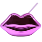 Shiny metallic pink lips-shaped tumbler with matching lid and straw.