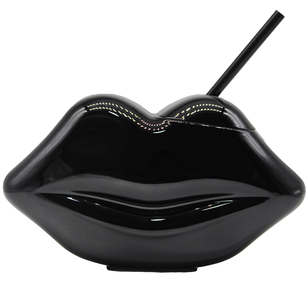 Glossy black metallic lip-shaped cup with matching lid and black straw, 22oz capacity.
