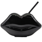 Glossy black metallic lip-shaped cup with matching lid and black straw, 22oz capacity.