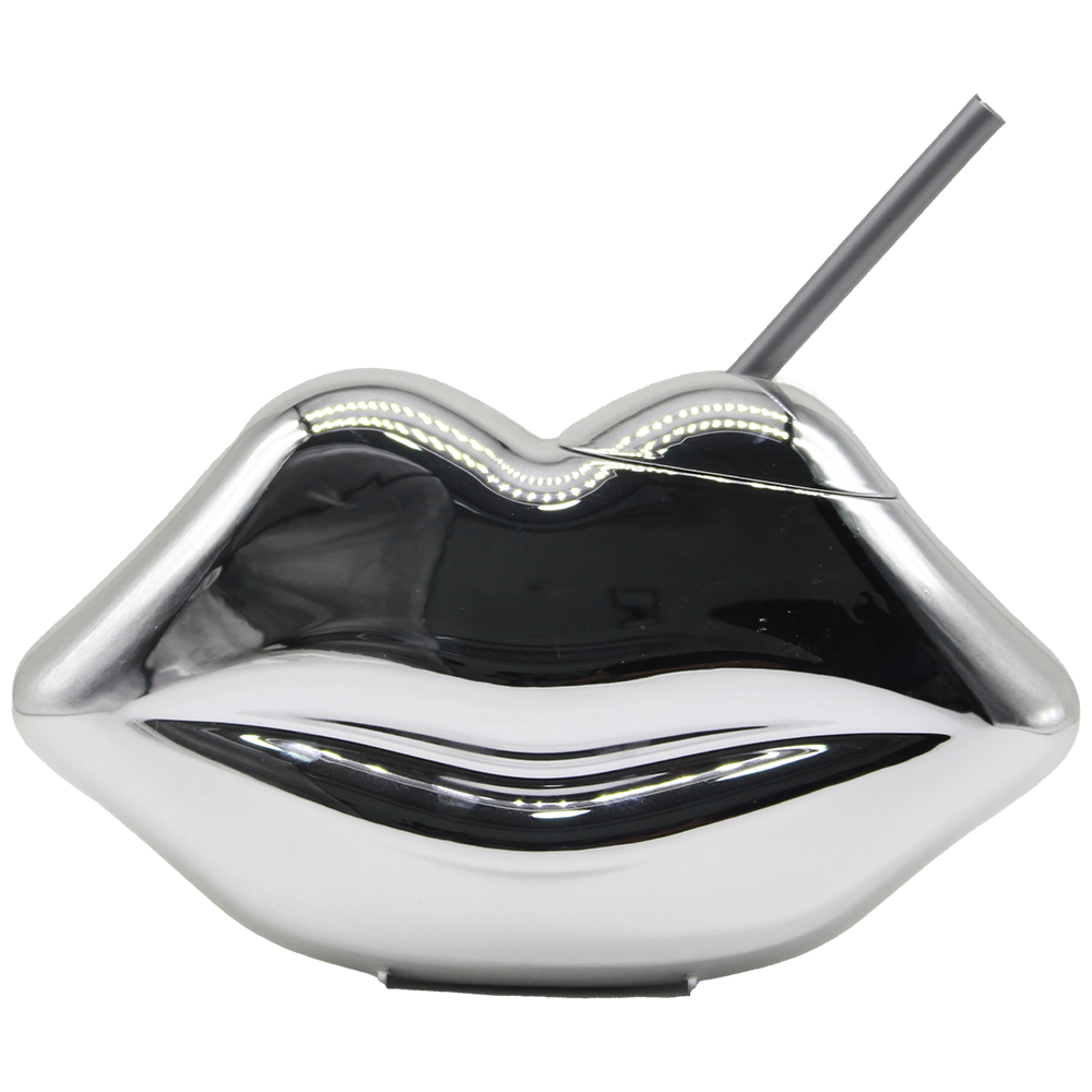 Shiny metallic silver lips-shaped 22oz tumbler with matching lid and gray straw.