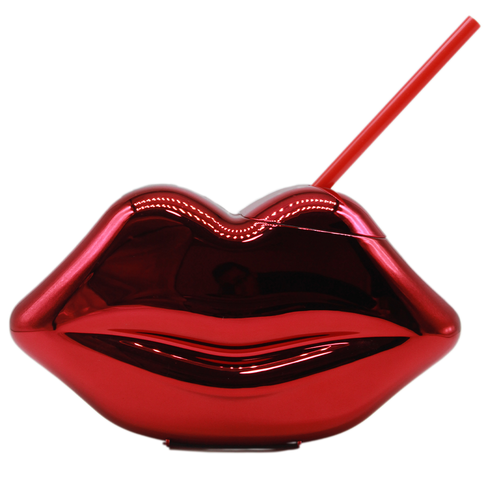 Shiny metallic red lips-shaped cup with matching red straw and lid.