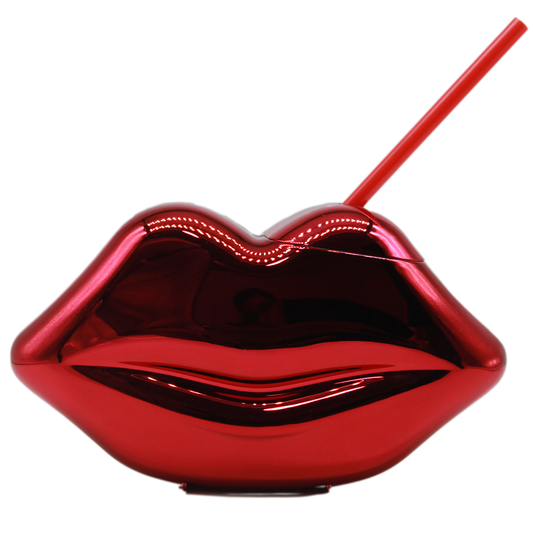 Shiny metallic red lips-shaped cup with matching red straw and lid.