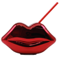 Shiny metallic red lips-shaped cup with matching red straw and lid.