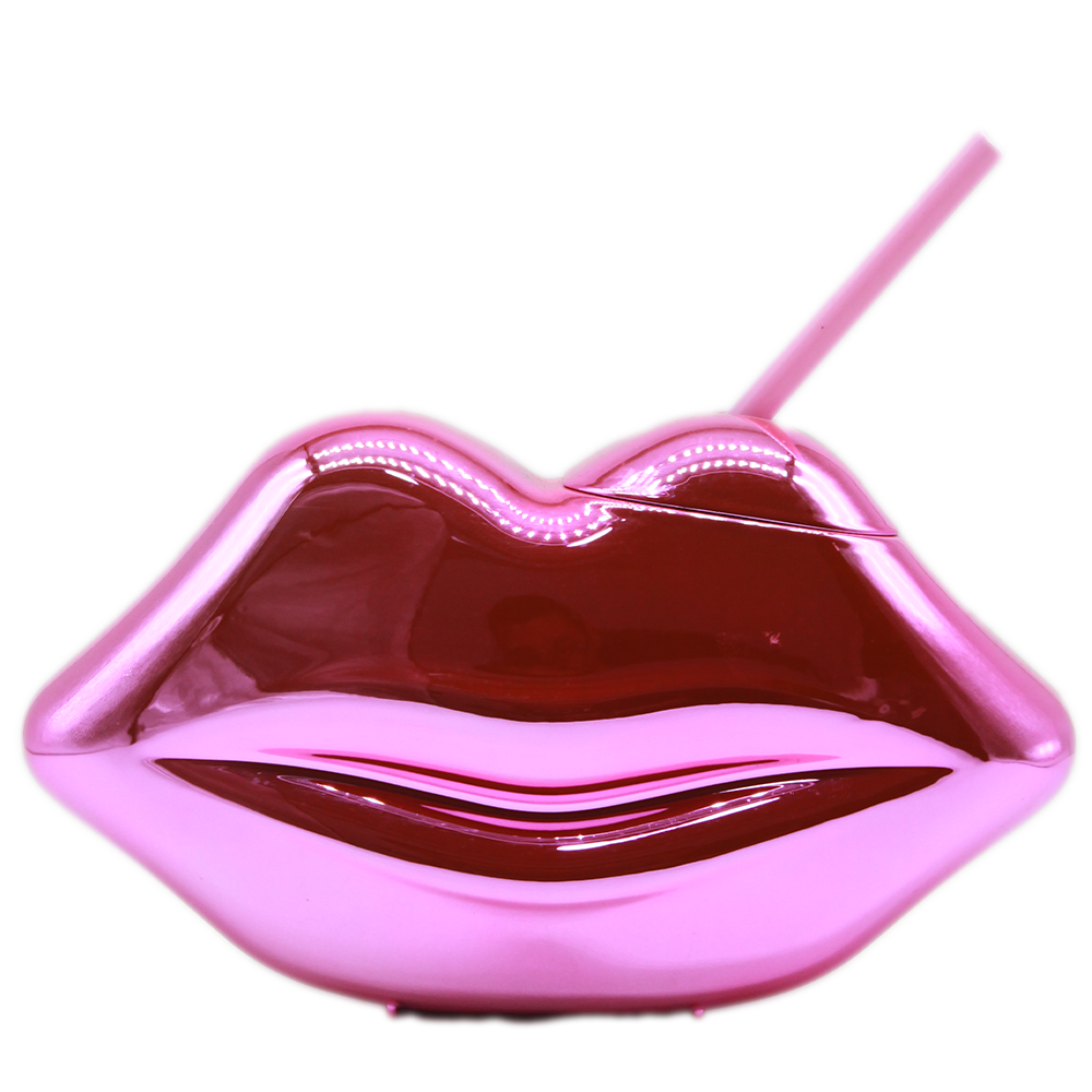 Shiny metallic pink lips-shaped 22oz tumbler with matching lid and straw.