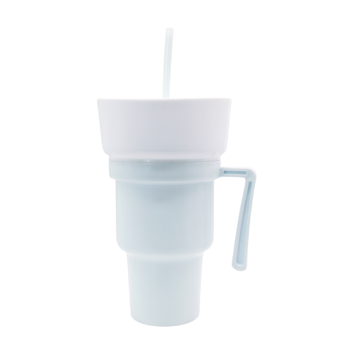 Light blue plastic party cup with white lid, straw, and side handle, 950ml capacity.