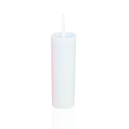Tall white reusable acrylic tumbler with clear lid and straw, BPA free, 400ml capacity.