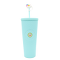 Light blue matte acrylic double-wall tumbler with textured exterior, matching lid, and straw topped with a unicorn charm.