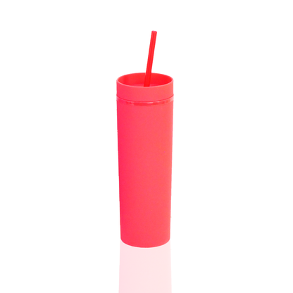 Tall neon pink acrylic thermal tumbler with matching lid and straw, BPA-free and reusable.