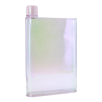 Transparent rectangular acrylic water bottle with iridescent sheen and light pink cap, 16oz capacity.