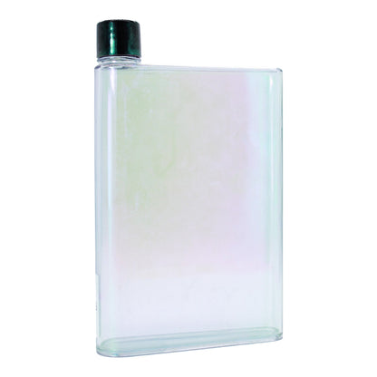 Rectangular iridescent acrylic water bottle with black screw cap, 16oz capacity.