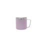 Matte soft pink stainless steel thermal mug with a clear lid and angular handle.