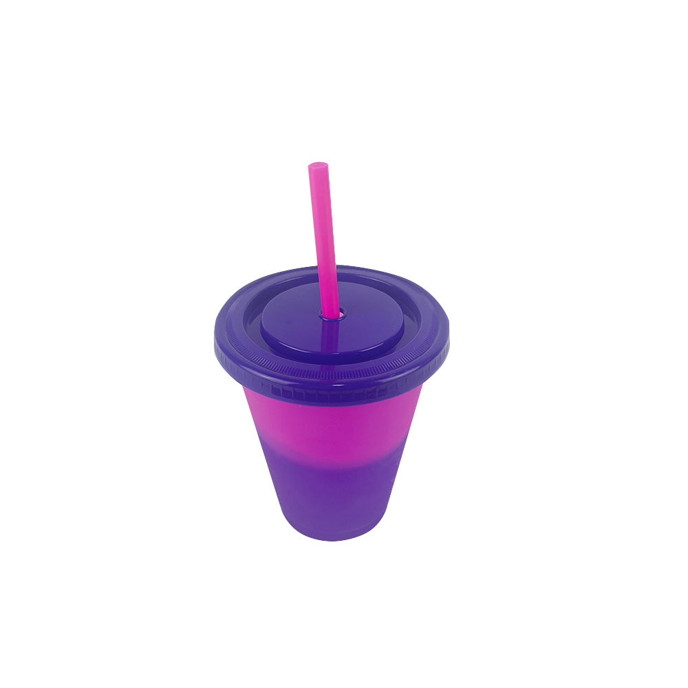 Purple and magenta reusable plastic tumbler with matching purple lid and pink straw, 16oz BPA free.